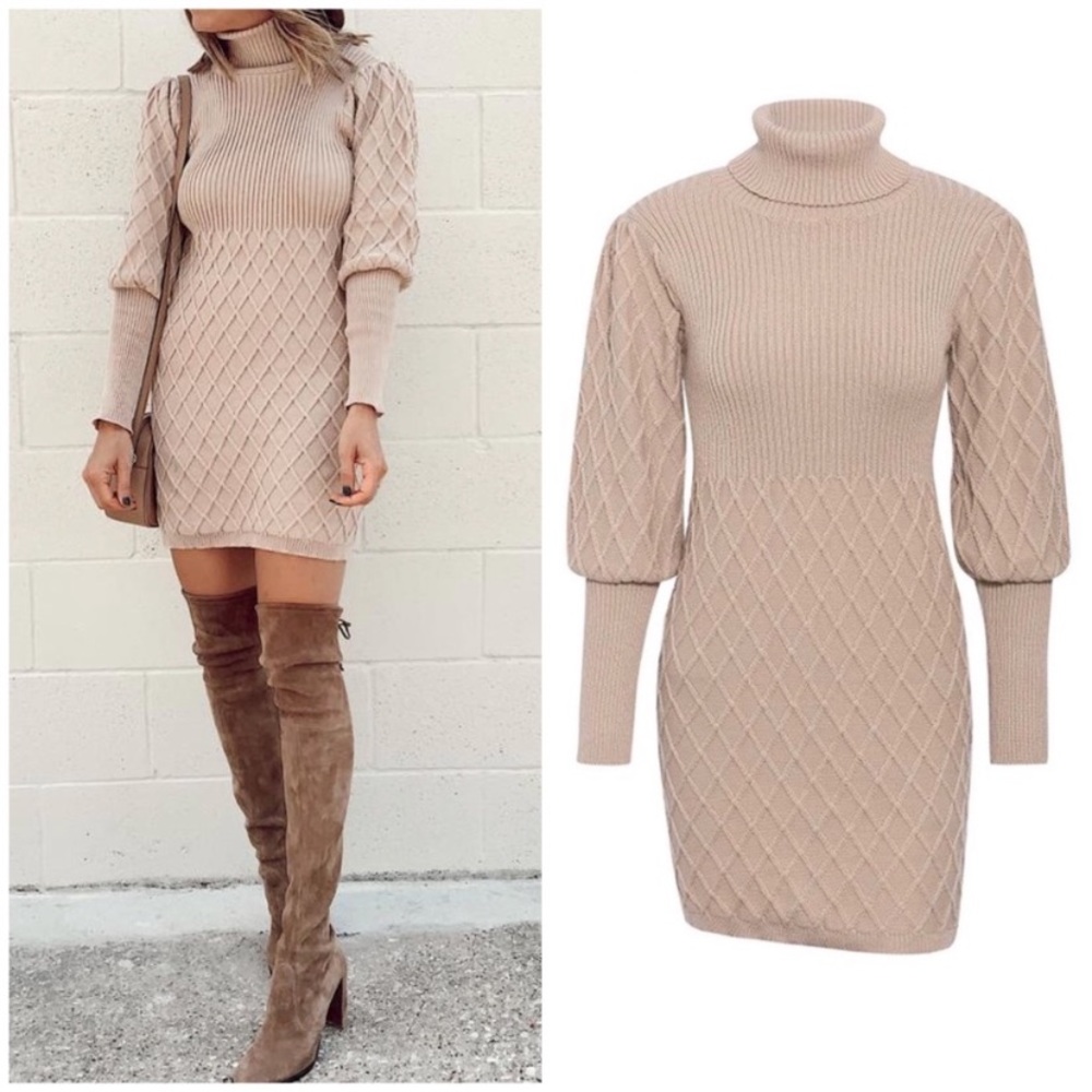 CLEARANCE Beige Lantern Sleeve Turtleneck Knit Sweater Dress - Picture 2 of 6